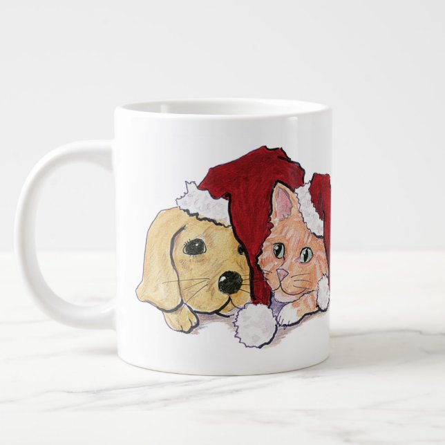 Cute Christmas Labrador Puppy and Orange Tabby Large Coffee Mug (Left)
