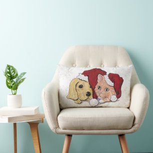 Cute Christmas Labrador Puppy and Orange Tabby Lumbar Cushion