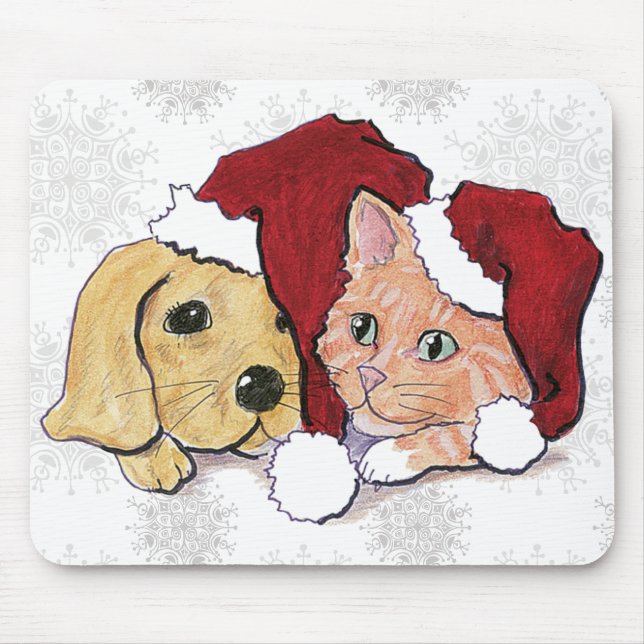 Cute Christmas Labrador Puppy and Orange Tabby Mouse Pad (Front)