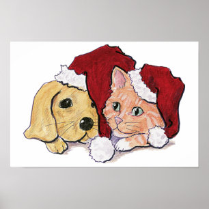 Cute Christmas Labrador Puppy and Orange Tabby Poster