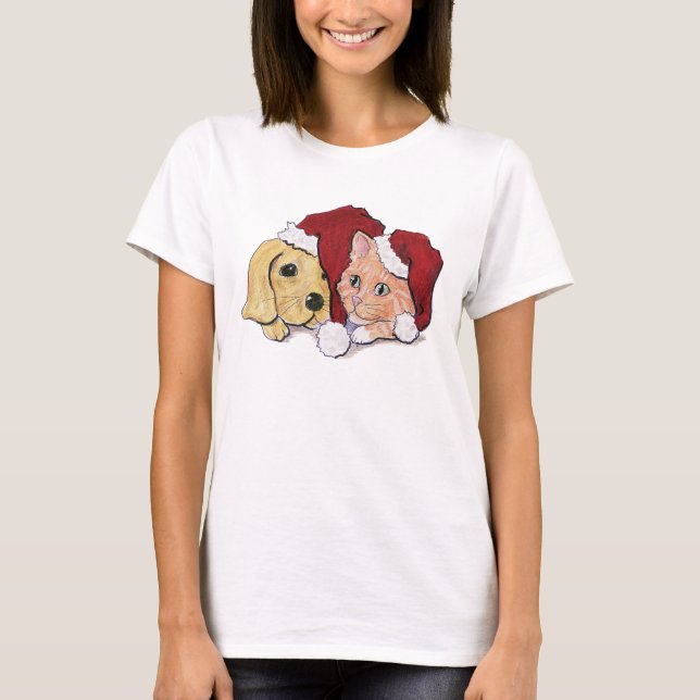 Cute Christmas Labrador Puppy and Orange Tabby T-Shirt (Front)