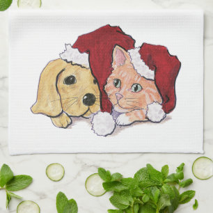 Cute Christmas Labrador Puppy and Orange Tabby Tea Towel