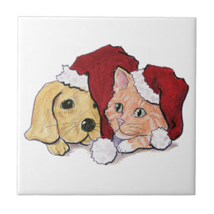 Cute Christmas Labrador Puppy and Orange Tabby Tile