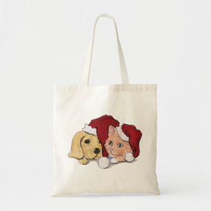 Cute Christmas Labrador Puppy and Orange Tabby Tote Bag
