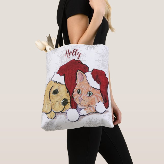 Cute Christmas Labrador Puppy and Orange Tabby Tote Bag (Close Up)
