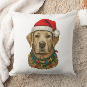 Cute Christmas Labrador with Santa Hat and Holiday Cushion