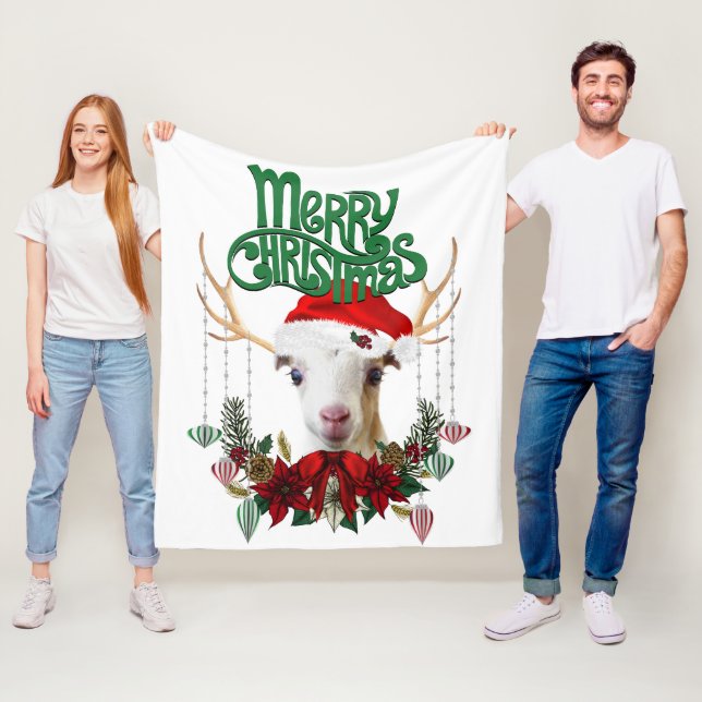 Cute Christmas LaMancha Goat  Antlers and Wreath Fleece Blanket (In Situ)