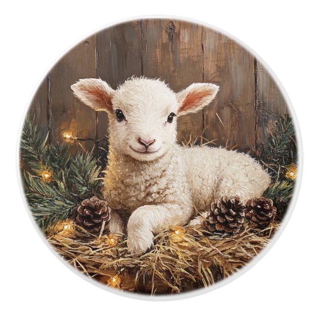 Cute Christmas Lamb Rustic Painting Ceramic Knob (Front)