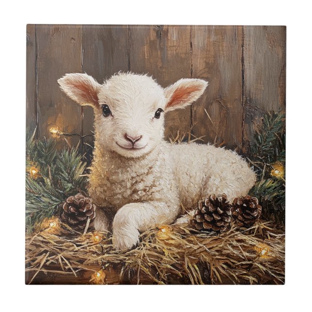 Cute Christmas Lamb Rustic Painting Ceramic Tile (Front)