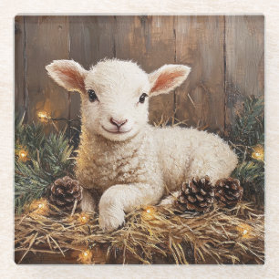 Cute Christmas Lamb Rustic Painting Glass Coaster