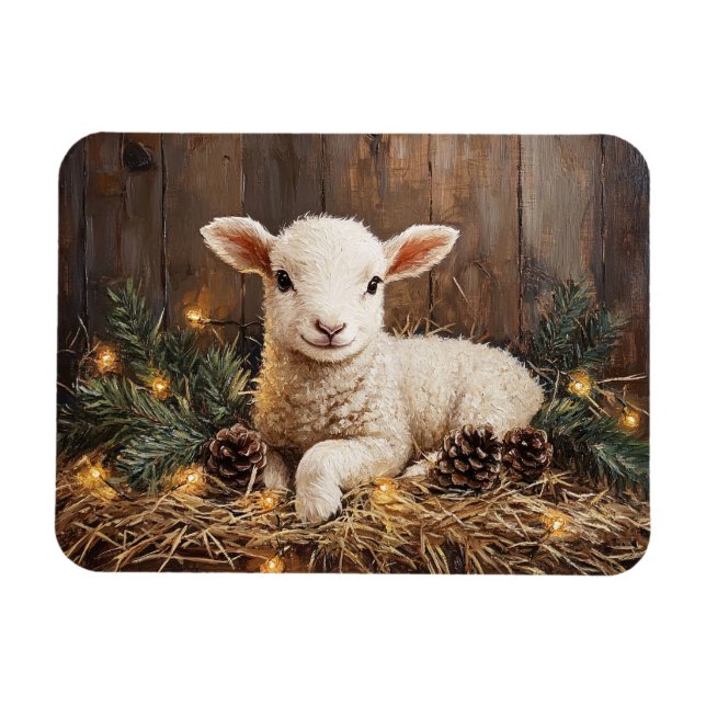 Cute Christmas Lamb Rustic Painting Magnet (Horizontal)