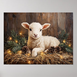 Cute Christmas Lamb Rustic Painting Poster