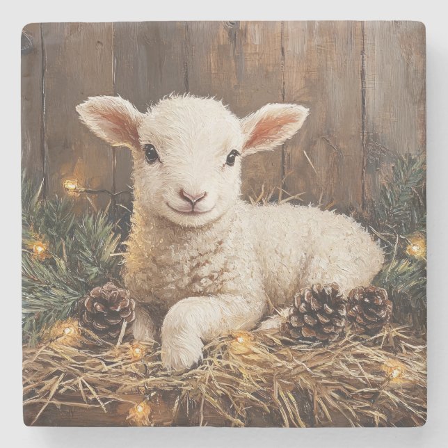 Cute Christmas Lamb Rustic Painting Stone Coaster (Front)
