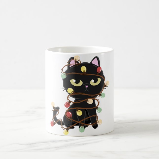 Cute Christmas Light Black Cat Coffee Mug (Center)