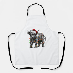 Cute Christmas Light Highland Cattle Funny Cow Xma Apron