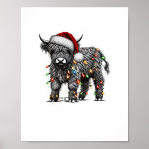 Cute Christmas Light Highland Cattle Funny Cow Xma Poster