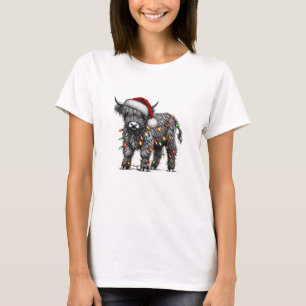 Cute Christmas Light Highland Cattle Funny Cow Xma T-Shirt