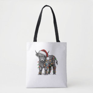 Cute Christmas Light Highland Cattle Funny Cow Xma Tote Bag