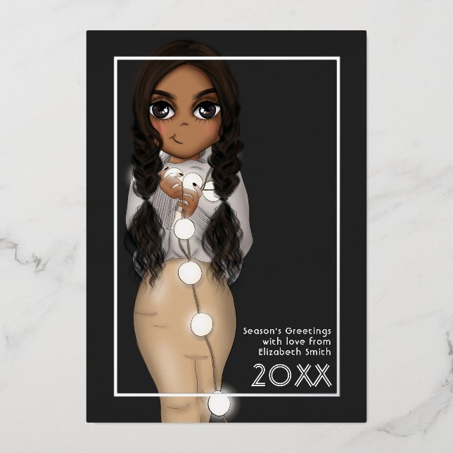 Cute Christmas Lights African American Woman Foil Holiday Card (Front)