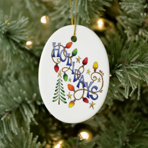 Cute Christmas, Lights and Stars with Holiday Text Ceramic Tree Decoration