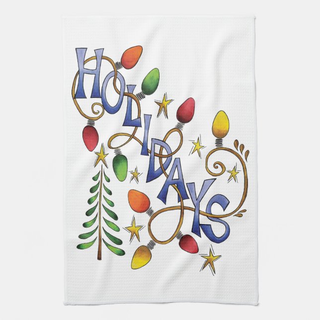 Cute Christmas, Lights and Stars with Holiday Text Tea Towel (Vertical)