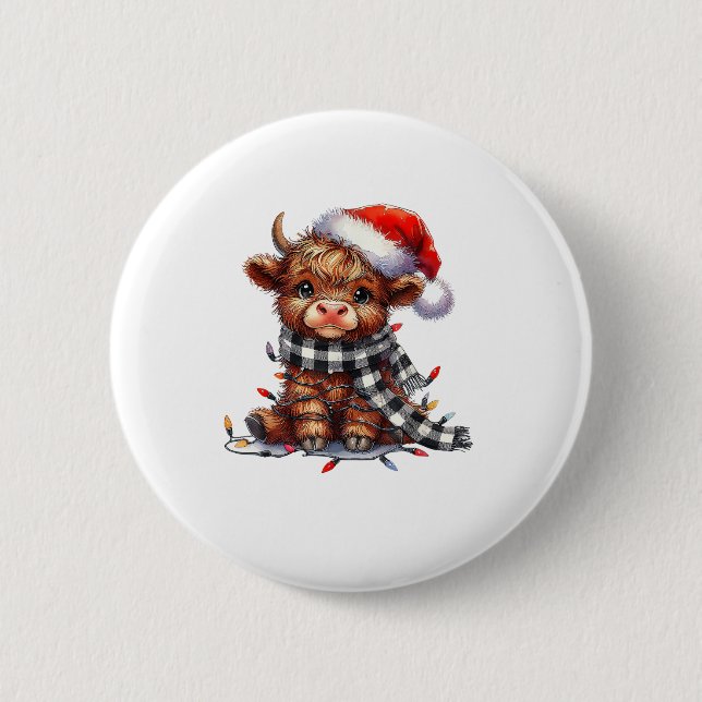 Cute Christmas Lights Highland Cow Funny Christmas 6 Cm Round Badge (Front)