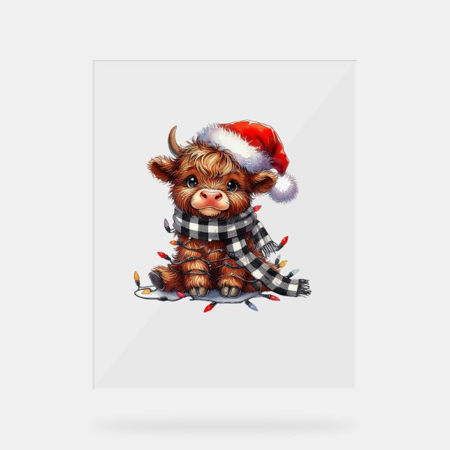 Cute Christmas Lights Highland Cow Funny Christmas Acrylic Sign (Front)