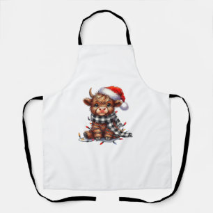 Cute Christmas Lights Highland Cow Funny Christmas Apron