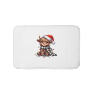 Cute Christmas Lights Highland Cow Funny Christmas Bath Mat