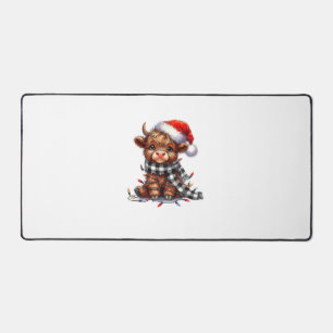 Cute Christmas Lights Highland Cow Funny Christmas Desk Mat