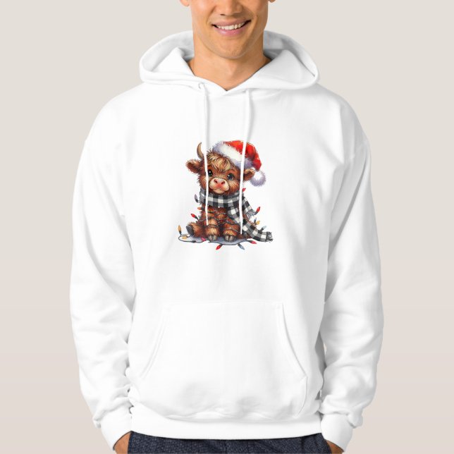 Cute Christmas Lights Highland Cow Funny Christmas Hoodie (Front)