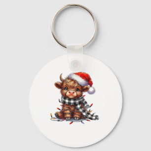 Cute Christmas Lights Highland Cow Funny Christmas Key Ring