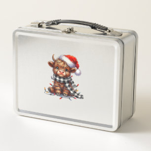 Cute Christmas Lights Highland Cow Funny Christmas Metal Lunch Box