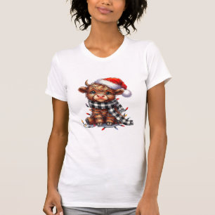 Cute Christmas Lights Highland Cow Funny Christmas T-Shirt