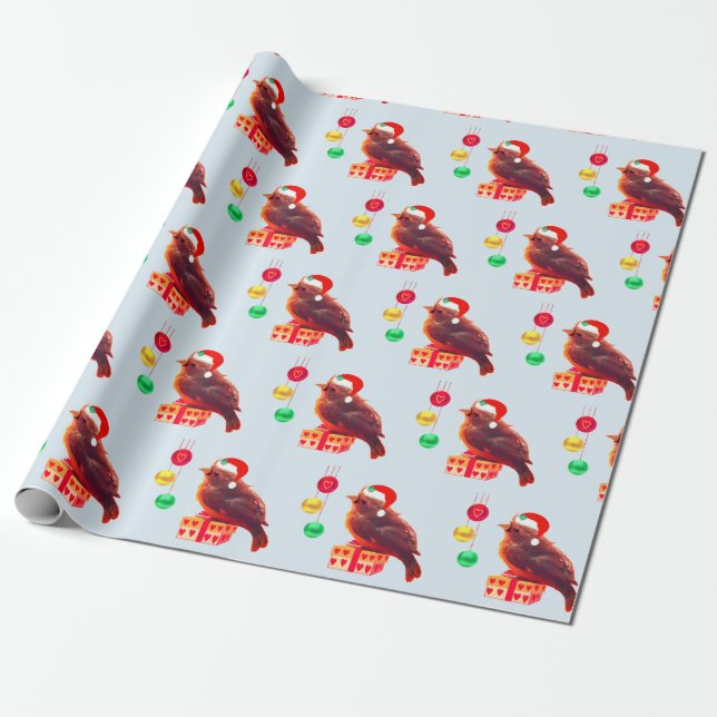 Cute Christmas Little Bird Wrapping Paper (Unrolled)