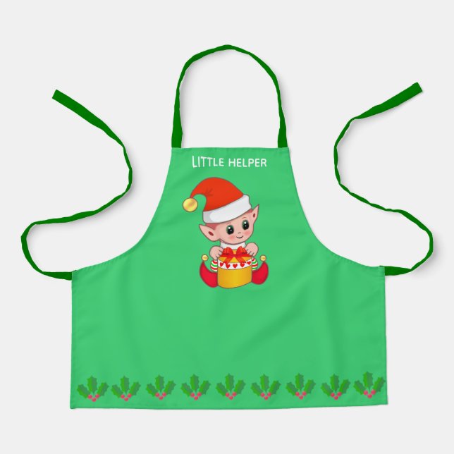 Cute Christmas little helper elf on green Apron (Front)