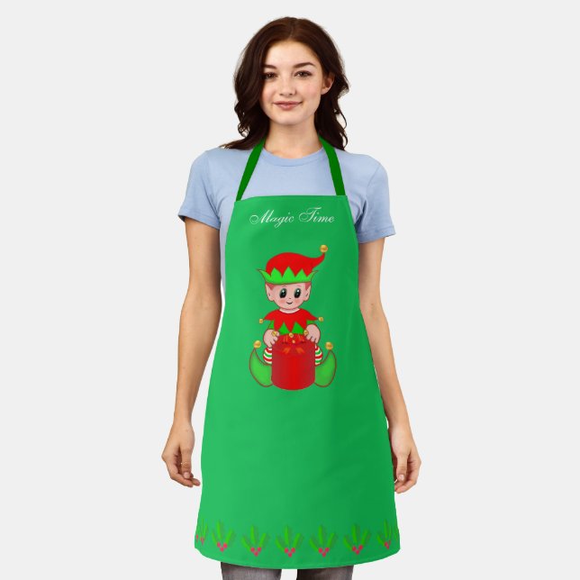 Cute Christmas little helper elf on green Apron (Worn)