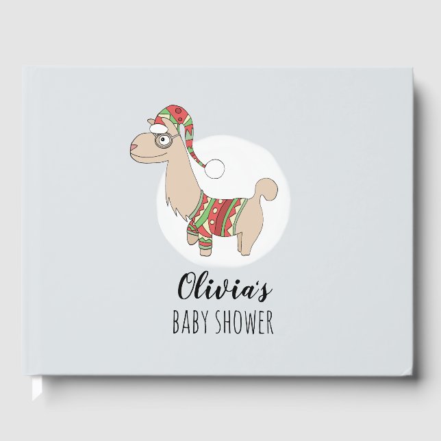 Cute Christmas Llama and Name Festive Baby Shower Guest Book (Front)