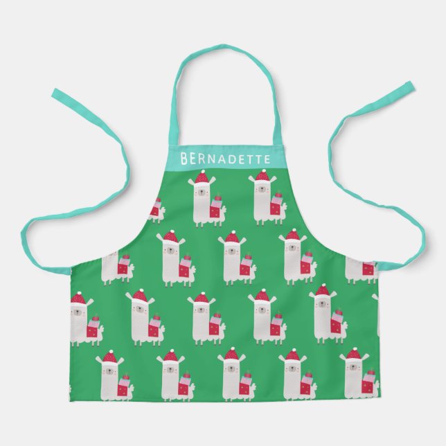Cute Christmas Llama in Green Personalised Apron (Front)