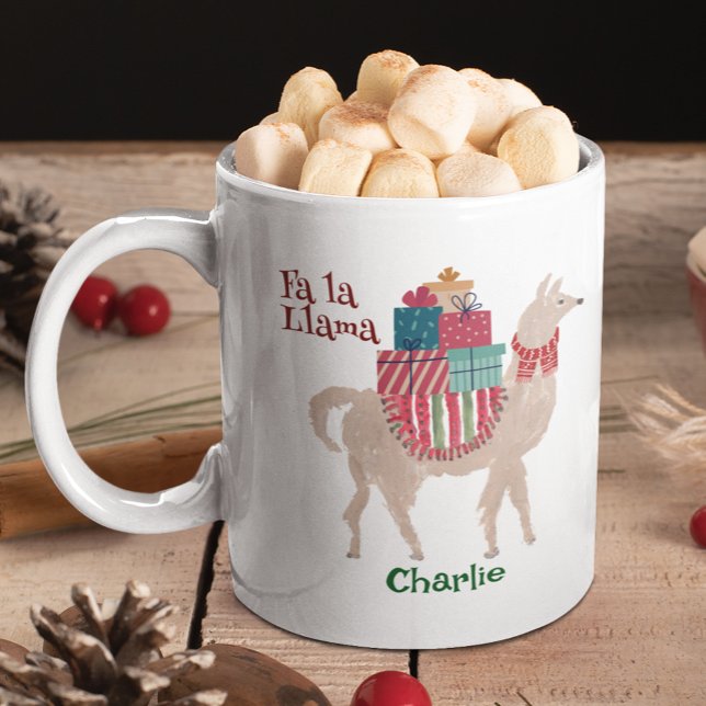 Cute Christmas Llama Personalised Animal Holiday Coffee Mug (Llama lovers of any age would love this mug featuring my own art of a llama playing Santa Claus.)