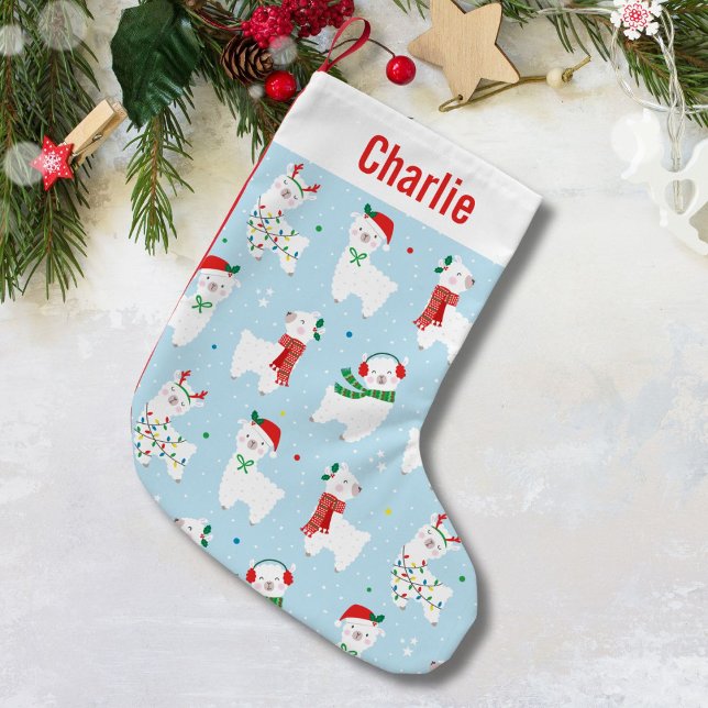 Cute Christmas Llamas on light blue Small Christmas Stocking (Creator Uploaded)