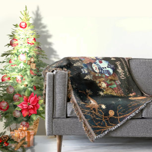 Cute Christmas Magic Black Green  Throw Blanket