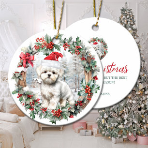 Cute Christmas maltese dog puppy Santa hat Ceramic Ornament