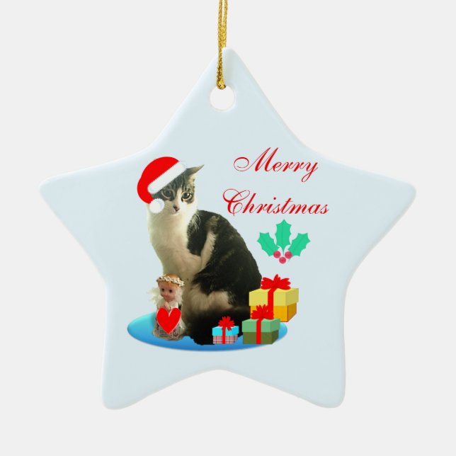 Cute Christmas Merlin Cat Ceramic Ornament (Front)