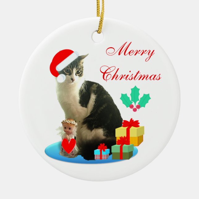Cute Christmas Merlin Cat Ceramic Ornament (Front)