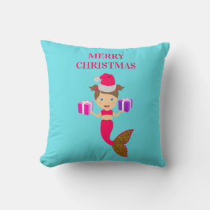Cute Christmas Mermaid Girl Santa Hat in Sea  Cushion