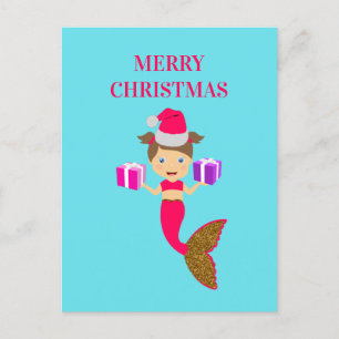 Cute Christmas Mermaid Girl Santa Hat in Sea Holiday Postcard