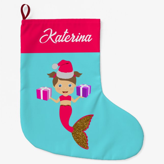Cute Christmas Mermaid Girl Santa Hat in Sea Large Christmas Stocking (Front)