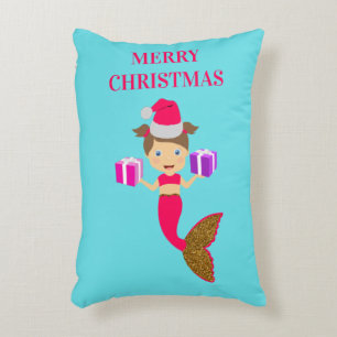 Cute Christmas Mermaid Girl Santa Hat in Sea Xmas Decorative Cushion