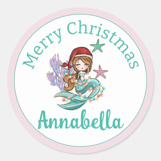 Cute Christmas Mermaid in Santa Hat on Pink Classic Round Sticker (Front)